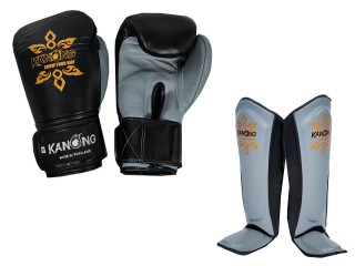 Kanong Muay Thai Leather Gloves + Shin Pads : Black/Grey